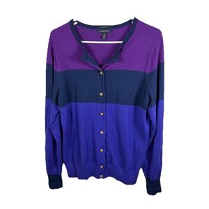 Lands End Cardigan Sweater Supima Cotton Sz M Purple Navy Gold Button Nautical